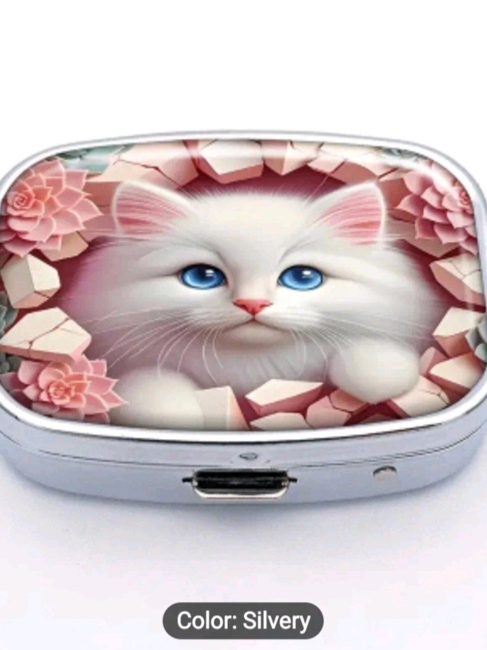 Beautiful Pill Box W/Blue Eyed White Kitten, 3 Compartments Plus Mirror.